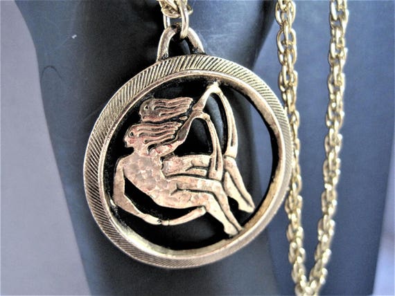 Zodiac Pendant Necklace, Art Nouveau, Gemini Twins, Gold Tone Chain