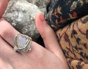 Sterling Silver Wire Wrapped Moonstone Ring
