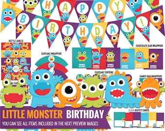 Little Monster Birthday Decorations Package. Printable Kids Birthday Party Decor. Funny Gender Neutral First Birthday. Digital Download