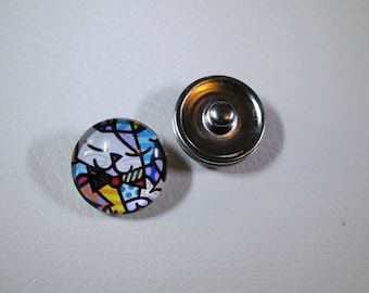 2 press studs snap aluminum beautifying bracelet, glass and Cubist cat decor, sold individually