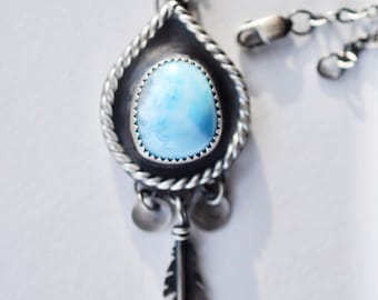 Larimar "Unimaginable Bird" Sterling Silver Feather Charm Necklace