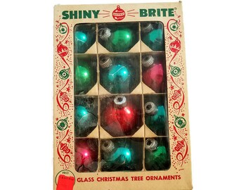Shiny Brite Christmas Ornaments In Box Green Blue Pink Red