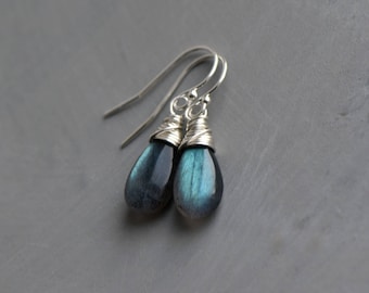 Dainty Labradorite Earrings Silver, Small Labradorite Dangle Earrings, Silver Labradorite Jewelry, Dainty Earrings, Gift for Her Blissaria