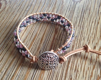 Beaded bracelet, seed bead bracelet, wrap bracelet, leather bracelet