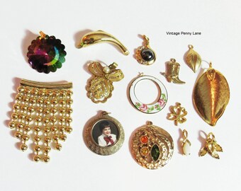 Vintage Gold Charm Lot, Destash Findings / Pendants, Jewelry Making Supplies