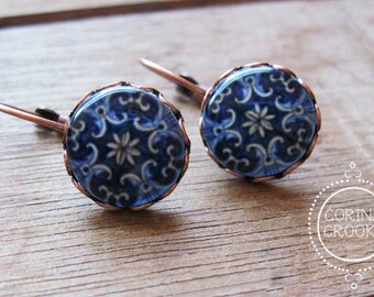 Statement Earrings, Portugal style, Handmade tile, copper lever back hooks, Indigo Blue, Portuguese design tile, Portuguese jewelry