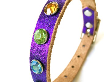 Royal Purple Glitter Leather Dog Collar with Giant Jewel Tone Gems, Size S, to fit a 9-12 Neck, Small Dog Collar, Made in Seattle USA