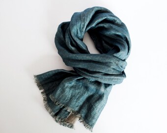 Teal blue linen scarf, gift for him, dating anniversary imagination, double sided scarf for men and woman, organic scarf, headwrap, headband