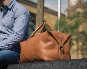 Real Leather Duffle / Duffel Bag by Fox Archer - Caramel Tan Leather Duffle Weekend Holdall Travel Gym Bag