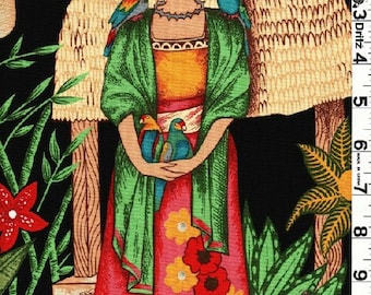 Fabric Henry FRIDA'S GARDEN Black Frida Kahlo in all of her greatness with Mexican Milagros symbols on BLACK