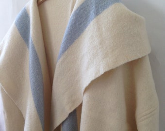 Woollen Soho Kimono Womens Clothing in rich cream and blue stripe Wool Long Style Jacket Coat medium large size