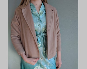 1950s Pure Cashmere Blazer Jacket, Vintage Khaki Open Front Blazer Cardigan Coat, Soft Warm Feminine Secretary Dress Blazer, Small Medium