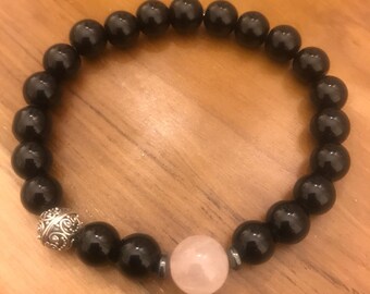 Black agate/rose quartz sterling silver bali bracelet