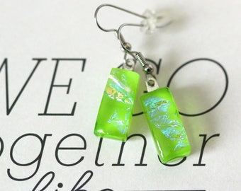 Green Dichroic Fused Glass Earring, Drop Earrings, Dangle Earrings, E0169, GetGlassy