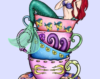 Teacup Ariel The Little Mermaid A4 Art Print by Hungry Designs