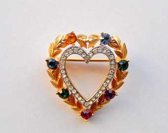 Vintage Crown TRIFARI DEAREST Rhinestone Heart Brooch, Neo Victorian Acrostic Rhinestone Heart Pin, Trifari Heart Pin, Valentine's Day Gift