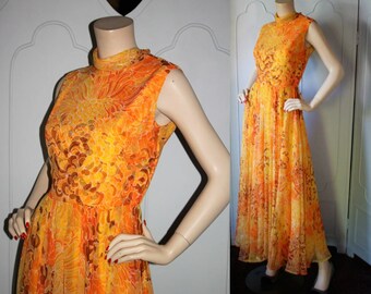 Vintage 1960's Sunset Colored Floral Maxi Dress by Jack Bryan Designed by Dupuis. Small.