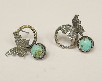 Sterling silver handmade butterfly and torquiose earrings, hallmarked in Edinburgh