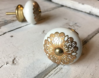 White Ceramic Tomato Knob With gold Apron, Upgrade Ceramic Drawer Pulls, Cabinet Supplies, Item #476246668
