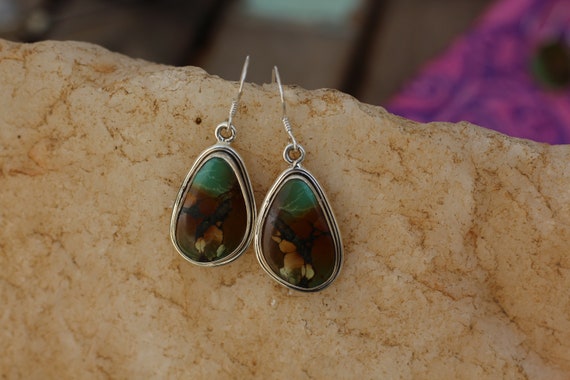 RARE TURQUOISE EARRINGS - Natural Turquoise - 925 Sterling Silver Earrings - Gemstone - Vintage style - Green turquoise - Bohemian