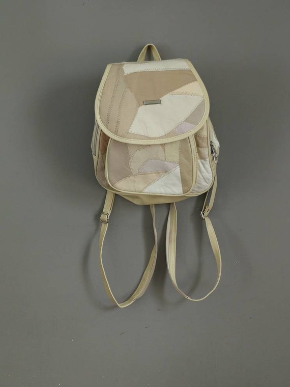 Vintage cream backpack / 90s patchwork leather backpack / 90s grunge backpack handbag / cream leather back bag / grunge rucksack / vintage