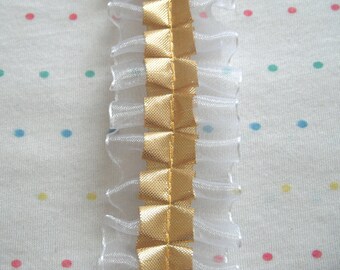 Metallic Gold Lame and Sheer White Organza Ruffle Trim, Double Ruffle Trim, 1 1/2" Wide
