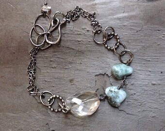 Rock Crystal Bracelet - Larimar Bracelet - Quartz Nugget Bracelet - Oxidized Sterling Silver Link Bracelet - Metalwork Bracelet