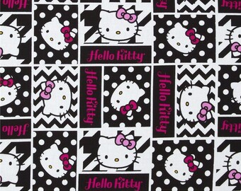 Hello Kitty Fabric, Nursery Fabric: Hello Kitty Geometric Face Patch and dots on black 100% cotton Fabric by the yard 36"x43"(SC24)