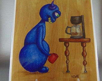Waiting, monster, coffee, brew, art, print