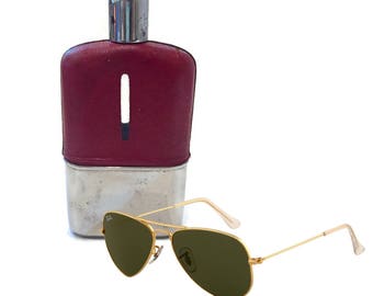 Vintage Flask Leather Flask Glass Flask Liquor Flask Red Leather Glass 1970's To Go Bottle Chrome Slim Travel Decanter