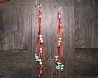Turquoise Earrings, Southwest Earrings, Western Earrings, Leather Earrings, Handmade Earrings, Long Earrings, Boho Earrings, Native American