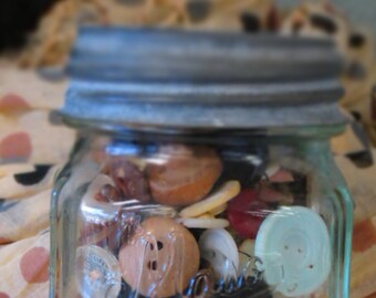 20% OFF TWO items SALE Vintage Small Mason Jar Full of Vintage Buttons, with Zinc Lid