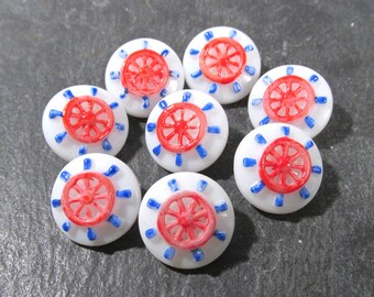 Nautical Molded Glass Buttons Hand Painted White Glass Ship's Wheel Helm VINTAGE Buttons Eight (8) Buttons Jewelry Sewing Supplies (M57)