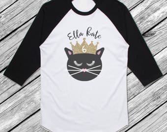Gold Tiara Black Cat Birthday Shirt/Personalized/Princess Birthday/Birthday Gift/Cat Party/Girls Birthday/Kitty Cat Birthday/Princess Party