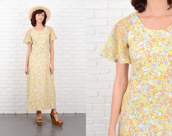 Vintage 70s Yellow Hippie Dress Sheer Angel Sleeve Floral Print Festival XXS 10685