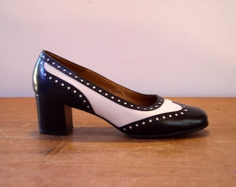 Vintage 1960's Spectator Heels / 60's Bally Bellezza Black & White Leather Stacked Heel Pinpoint Wingtip Pumps