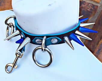Two Toned Blue Spiked Ring & Clip Collar