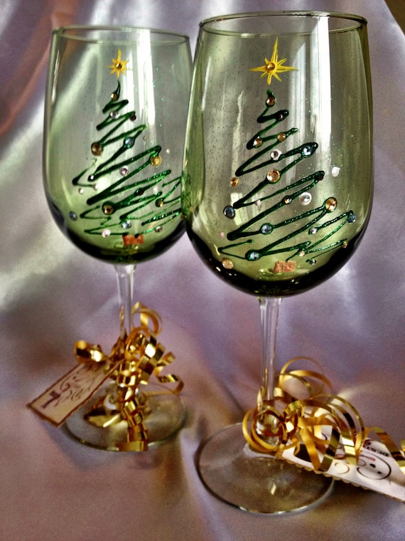 Hand Painted Christmas Tree Wine Glasses