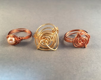 BOGO Copper Pearl Ring, Copper Ring, Gold Ring, Three Wire Wrapped Rings, Ring Size 6.75, One of a Kind, Previously 45 Dollars ON SALE
