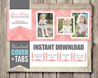 Facebook Cover Timeline for Photographers - Pink Damask Photos - with Bonus Matching Tabs - INSTANT DOWNLOAD
