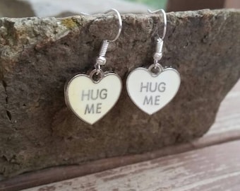 White Heart Conversation Hug Me Drop Earrings, Valentine Jewelry, Teens Tweens Kids Womens Earrings, Heart Charms, Valentine's Gift Ideas