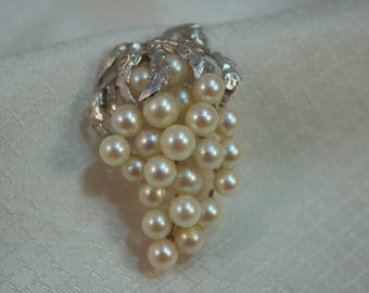 c1960's 14kt White Gold and Cultured Pearls Grape Brooch