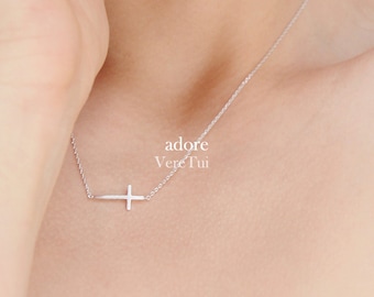 Minimal Sideways Silver Dainty Cross Necklace