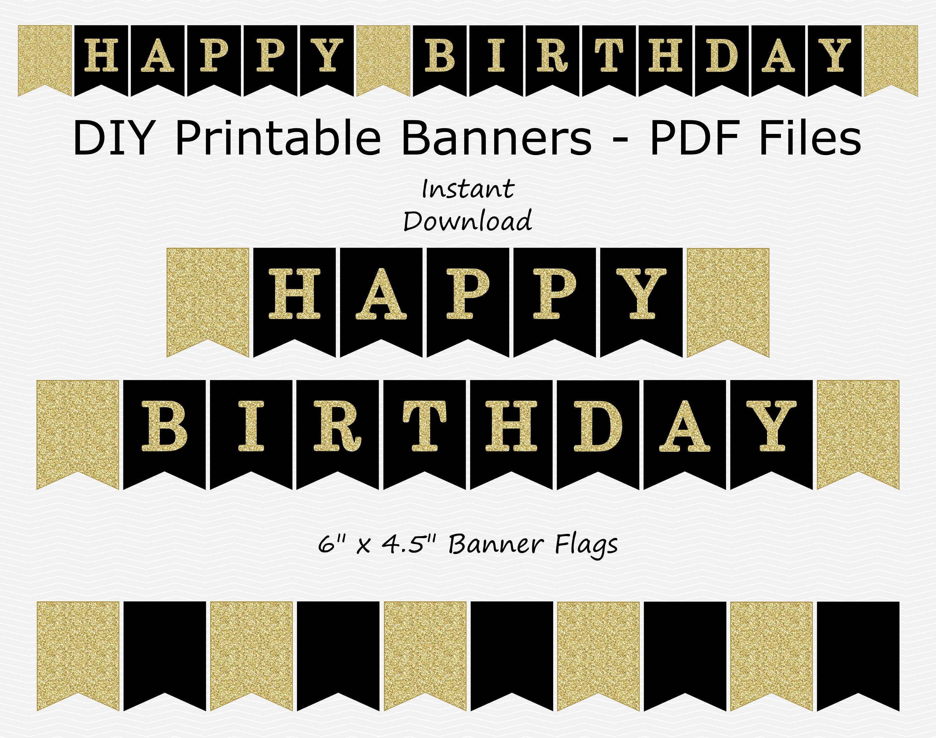 Happy Birthday Banner Black & Gold Glitter PRINTABLE