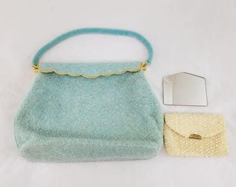 Vintage Beaded Evening Purse Pale Blue Clutch Bag