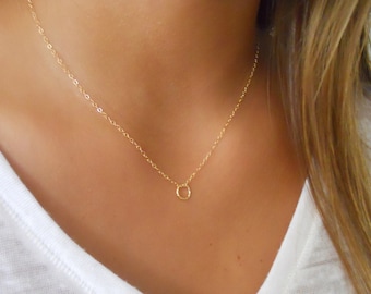 Gold Filled Necklace with A Tiny Textured Ring; Dainty Gold Necklace; Delicate Layering Gold Necklace;
