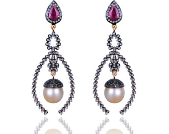 Sterling Silver Diamond ,Ruby & Pearl Earring -ESDE-1092SC