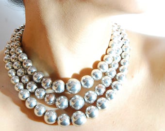 Vintage Sterling Silver Bead Choker Collier Necklace