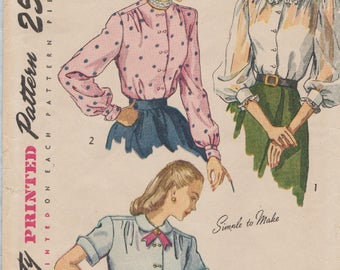 Vintage 40s Sewing Pattern / Simplicity 2382 / Blouse / Size 14 Bust 32