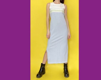 Vintage 90s Y2k Blue and White Striped Color Block Sleeveless Tank Long Maxi Dress Size Large